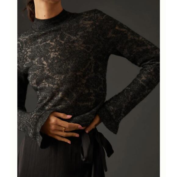 by Anthropologie Hanna Lace Mock Neck Sweater Merino Wool Blend Black Medium - Picture 2 of 9